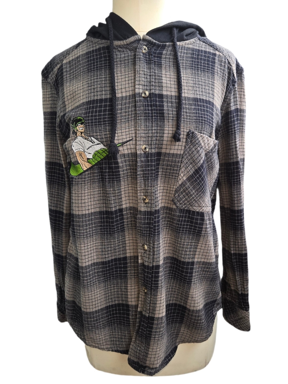 SWS Navy/Gray Plaid Hooded Button-Down Shirt One Piece Roronoa Zoro Size L
